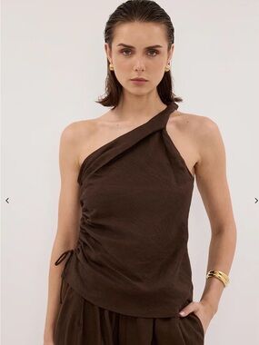DISSH Brown Linen One-Shoulder Top